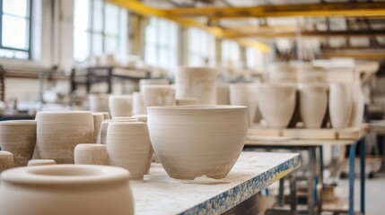 Variety of unfired pottery on a workshop table.