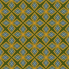 Seamless Thai Traditional Textile in Green Yellow Blue | Geometric Ethnic Pattern Pixel Art
