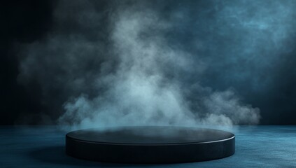 Dark moody studio with smoky atmosphere and black round platform.