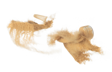 Cosmetic container white bottle fly splashing in mid air. Moisturizer lotion cream bottle explosion flying with sand powder dust under dry sun. White background isolated high speed shutter freeze