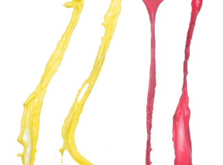 Banana juice tomato flying fall down, yellow red banana juice wave explode. Yellow red paint color splash throwing in Air. White background Isolated high speed shutter, throwing freeze stop motion