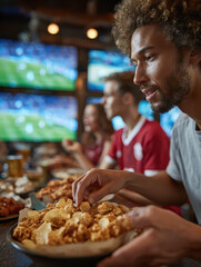 Group enjoying food at sports bar during game
