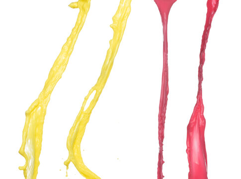 Banana juice tomato flying fall down, yellow red banana juice wave explode. Yellow red paint color splash throwing in Air. White background Isolated high speed shutter, throwing freeze stop motion