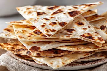 Deliciously baked flatbreads stacked on a plate, ready to be served at a cozy meal gathering