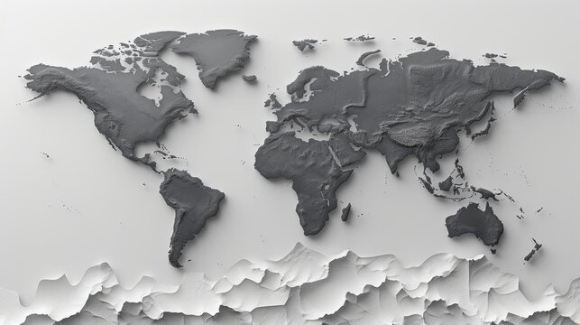 3D grayscale relief map of the world with abstract textured bottom, viewed from above