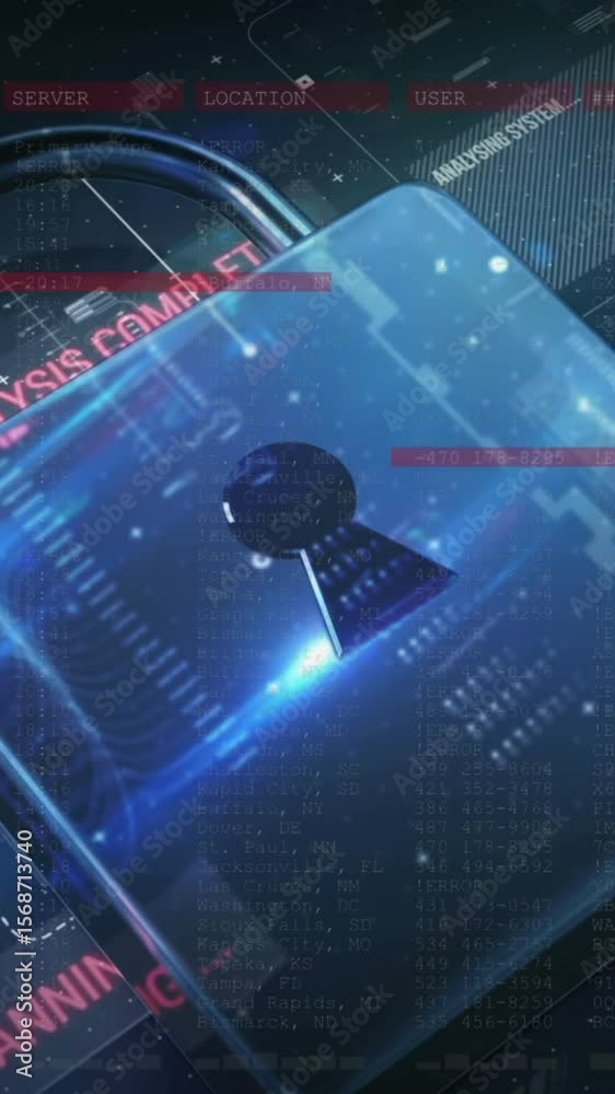 Poster animation of security padlock and data processing over navy background
