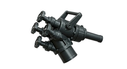 Dark gray industrial valve assembly, multiple connections