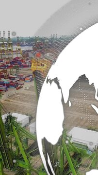 Animation of data processing with globe over shipping yard