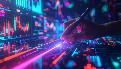 A hand traces a neon-lit investment path, surrounded by immersive trading data overlays, VR-style financial widgets, and decentralized asset indicators, with bokeh effects and a dark background.