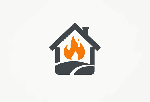 A modern logo icon featuring a house silhouette with a warm orange flame inside, perfect for a heating company, fireplace store, or home energy service.
