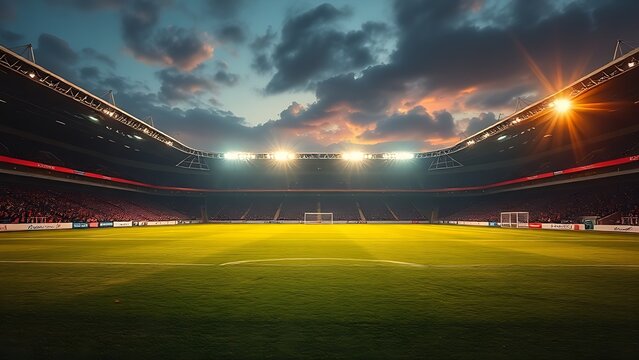 Evening soccer stadium illuminated by floodlights, empty field evoking a championship atmosphere.
