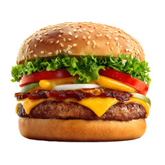 A delicious gourmet cheeseburger with fresh lettuce tomato onion pickles and bacon isolated on transparent background