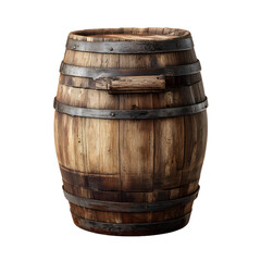 Obraz premium A vintage wooden barrel with metal bands and a wooden handle isolated on transparent background