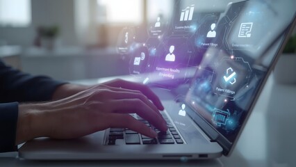 Digital Transformation  Close-up of Hands Typing on Laptop with Holographic Data Interface
