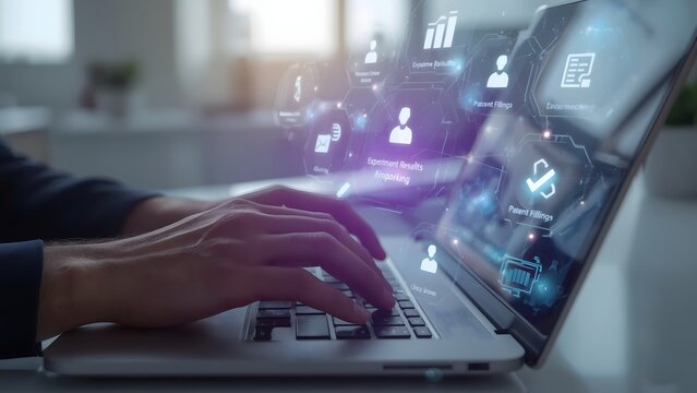 Digital Transformation  Close-up of Hands Typing on Laptop with Holographic Data Interface - Powered by Adobe