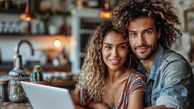 Smiling couple hugging near laptop in a bright, modern kitchen scene - Powered by Adobe