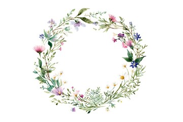 Watercolor pastel-colored vintage circular frame made from wild flowers, herbs, and vines clipart on a white background.