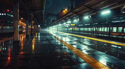 Fototapeta premium A high-quality AI-generated image of train station in the rain at night for commercial use.