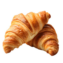 Two golden brown flaky croissants piled on top of each other isolated on transparent background