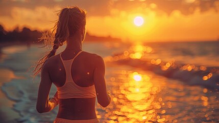 Woman runs along a beach at sunset, back view