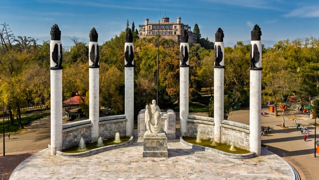 Mexico City, Mexico - January 2, 2025: Aerial view of the Altar a la Patria and Chapultepec Castle in the historic Bosque de Chapultepec
