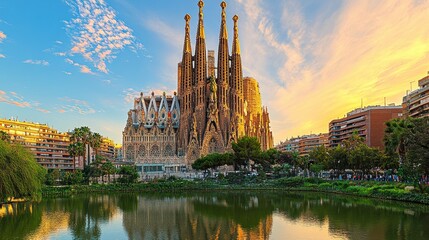 Vibrant Tall Spires with Stained Glass in Scenic Evening Light