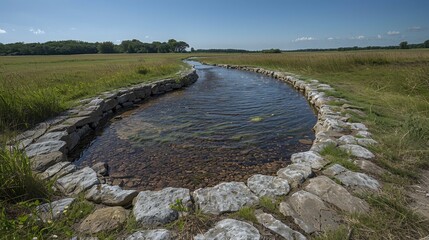 Winding stream lined with stones crosses a wide grassy field under a blue sky