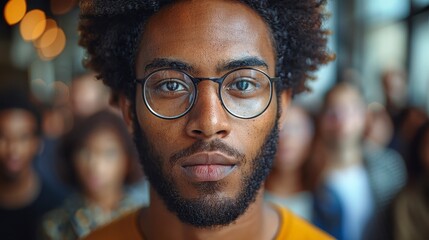 Close-up of a young, bespectacled, black man looking directly at the camera; blurred crowd background