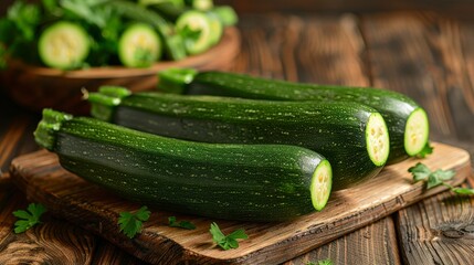 Fresh zucchini on rustic wood board, with parsley and bowl of squash behind