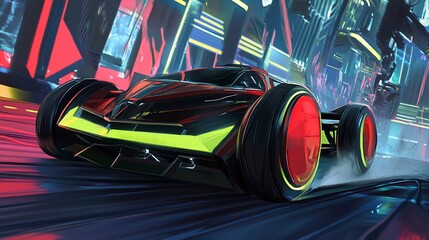 Futuristic autonomous race car speeding in a vibrant cityscape at night