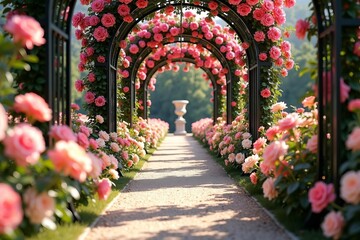 Fototapeta premium Romantic garden pathway lined with blooming pink roses under elegant wrought iron arches, evoking tranquility, beauty, and timeless elegance