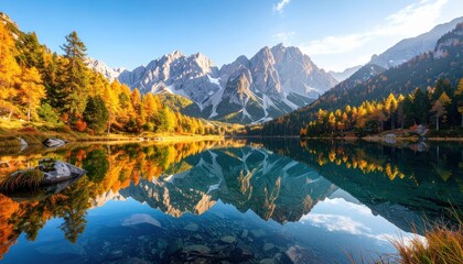 Naklejka premium A serene lake reflects majestic mountains surrounded by vibrant autumn foliage under a clear blue sky.