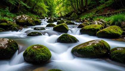 A serene river flows through a lush forest, highlighting green moss-covered rocks and the beauty of nature's tranquility.