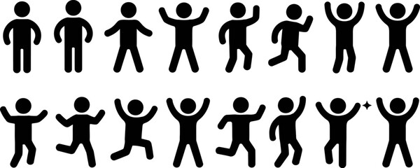 Stick figures vector set: diverse poses, jumping, running, celebrating, and standing stickman icons