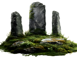 Ancient moss covered standing stones in a mystical forest clearing isolated on transparent background