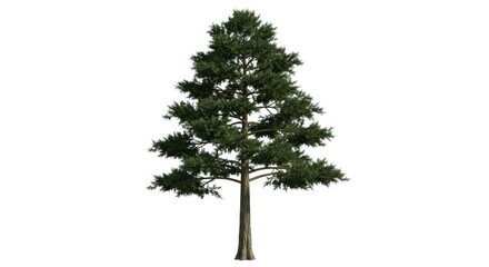 Fototapeta premium Isolated evergreen conifer tree against white background. Full, healthy, and tall. Dark green foliage. Straight trunk