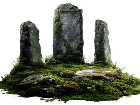 Ancient moss covered standing stones in a mystical forest clearing isolated on transparent background