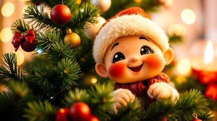 Santa Ornament on Festive Christmas Tree with Glowing Lights