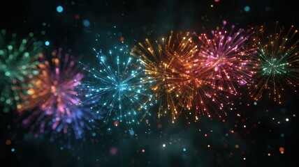 Fototapeta premium energetic loop of grand fireworks finale, rainbow-colored bursts in clean dark space, sparkling particles, festive abstract motion
