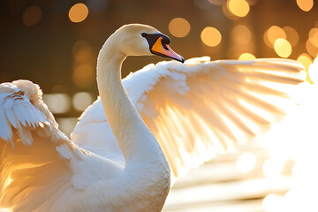 A swan stretching its wings with warm sunlight filtering through