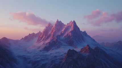 Snowy mountain peaks at sunset, dramatic landscape, serene view, perfect for wallpaper or nature photography