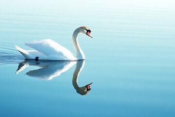 A graceful swan gliding across a serene lake with its reflection perfectly mirrored in the still water