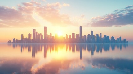Fototapeta premium Sunrise Cityscape Reflection, urban skyline, tranquil scene, calm water, photorealistic, digital rendering, possible use for stock photography