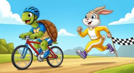 Obraz premium Cartoon tortoise on bike races cartoon hare running to finish line