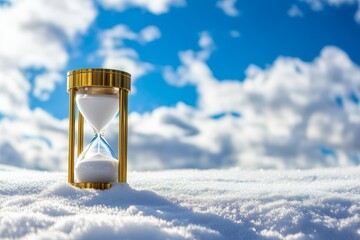 Hourglass in Snow Under a Bright Sky
