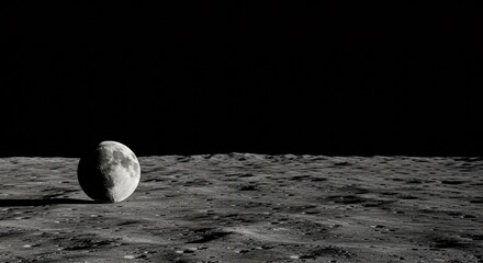 Moon surface landscape with a spherical rock casting a shadow in the darkness