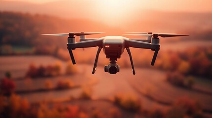Drone flies above warm fall farmland.