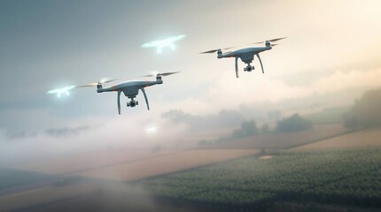 Drones fly above farmland at sunrise.