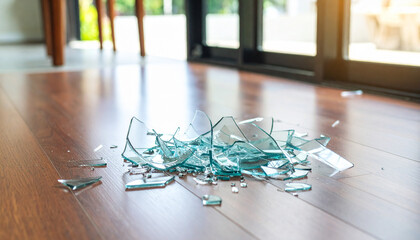 Broken Glass Shards Scattered Across Kitchen Floor – Safety Hazard Concept