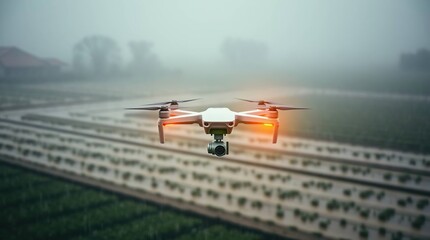 Drone flies over farmland in light rain
